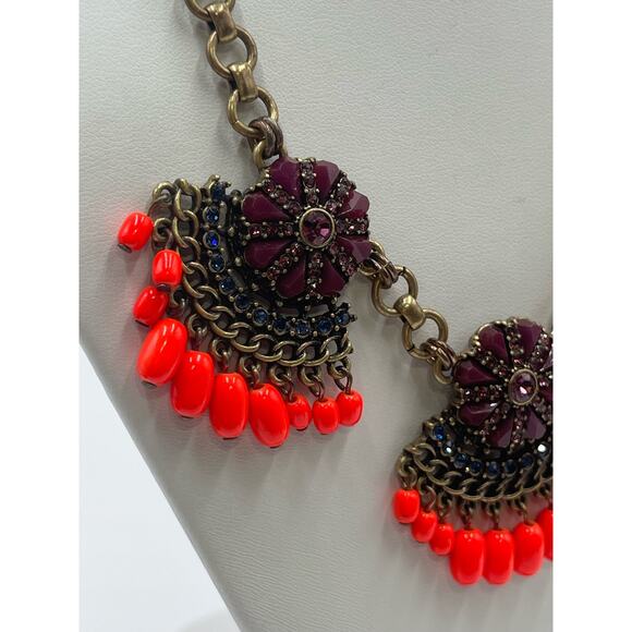 J. CREW Fan Fringe Flower Purple Orange Gold Tone Statement Bib Necklace - Picture 11 of 16